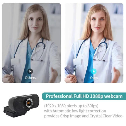 High-Definition Webcam with Built-in Microphone for Video Calls showing comparison image of doctor in low light vs corrected Full HD 1080p output