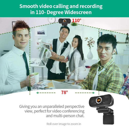 High-Definition Webcam with Built-in Microphone for Video Calls showing 110° widescreen group conference, compact USB 2.0 plug-and-play camera