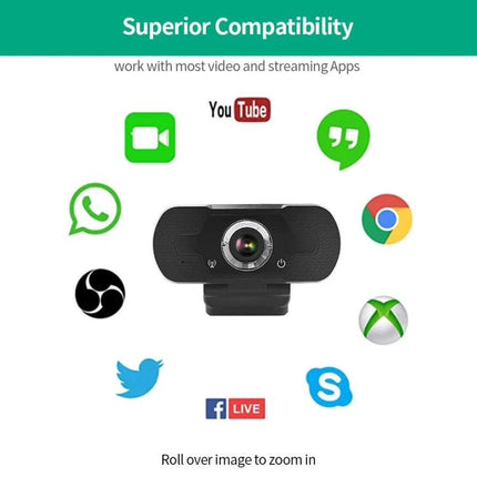 High-Definition Webcam with Built-in Microphone for Video Calls showing compact 1080p USB webcam and compatibility with streaming apps and video conferencing
