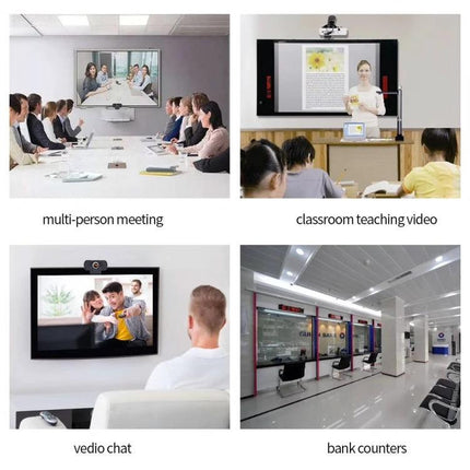 High-Definition Webcam with Built-in Microphone for Video Calls showing meetings, classroom teaching, video chat and bank counter use