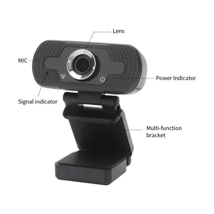 High-Definition Webcam with Built-in Microphone for Video Calls - 1080p USB webcam with lens, mic, power and signal indicators, compact 78x35mm design