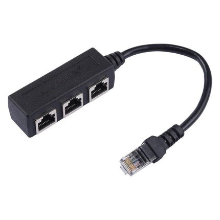 RJ45 Ethernet Splitter for Connecting Multiple Devices, 3 Ports - black 3-port RJ45 adapter cable for sharing one Ethernet connection among PC, printer, console