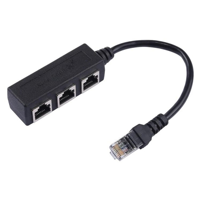 RJ45 Ethernet Splitter for Connecting Multiple Devices, 3 Ports - black 3-port RJ45 adapter cable for sharing one Ethernet connection among PC, printer, console