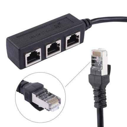 RJ45 Ethernet Splitter for Connecting Multiple Devices, 3 Ports – black 3-port RJ45 network splitter with attached cable and RJ45 connector