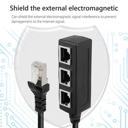 RJ45 Ethernet Splitter for Connecting Multiple Devices, 3 Ports - 3-port shielded RJ45 cable splitter for sharing one Ethernet jack among computers, printers, consoles