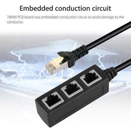 RJ45 Ethernet Splitter for Connecting Multiple Devices, 3 Ports - black 1-to-3 RJ45 adapter showing cables and three-port splitter