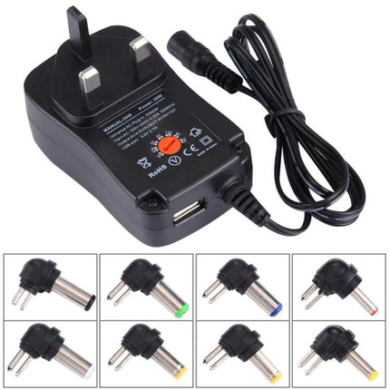 Universal UK Plug Power Adapter for Pedals and Effects - regulated multi-voltage adapter with interchangeable DC tips and USB port for guitar pedals