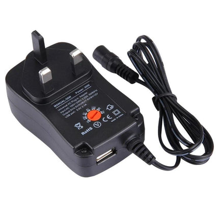 Universal UK Plug Power Adapter for Pedals and Effects - black regulated multi-voltage adapter with DC cable and USB port