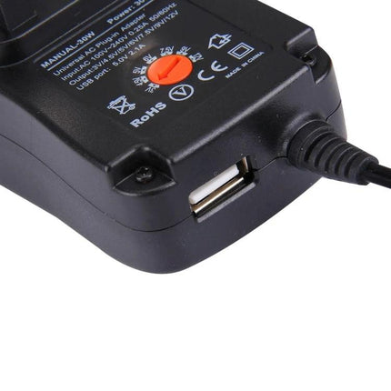 Universal UK Plug Power Adapter for Pedals and Effects showing USB port, voltage selector dial and connected power cable