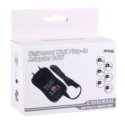 Universal UK Plug Power Adapter for Pedals and Effects - white box packaging showing 30W regulated UK wall plug adapter and cable