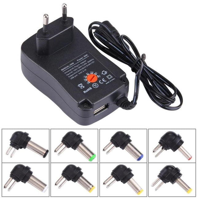 Universal EU Plug Power Adapter with USB Port and Multiple Tips compact travel charger with interchangeable tips and USB port