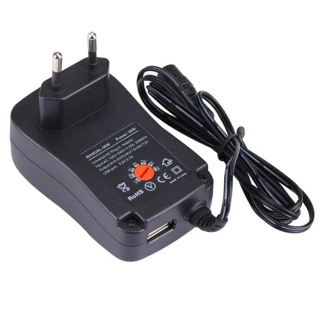 Universal EU Plug Power Adapter with USB Port and Multiple Tips - compact travel charger with USB port and detachable tips