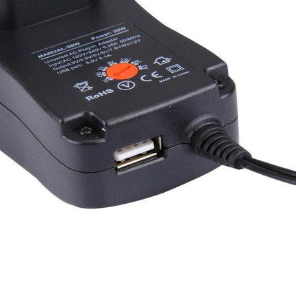Universal EU Plug Power Adapter with USB Port and Multiple Tips compact black adapter showing USB port and connected power cord