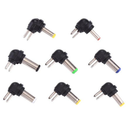 Universal EU Plug Power Adapter with USB Port and Multiple Tips showing nine interchangeable angled DC tips with colored rings