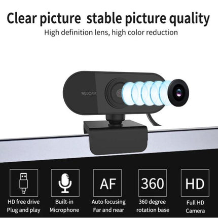 High-Definition USB Webcam with Microphone for Online Meetings showing 1080p HD lens, built-in mic, clip mount and USB plug-and-play setup