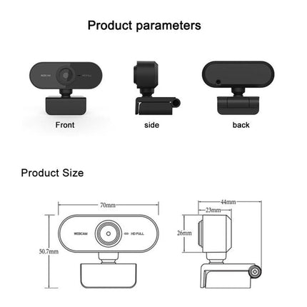 High-Definition USB Webcam with Microphone for Online Meetings showing front, side, back views and product size diagram