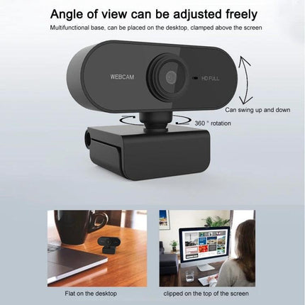High-Definition USB Webcam with Microphone for Online Meetings showing adjustable angle, 360° rotation and clamp or desktop placement