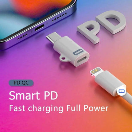 Compact USB Adapter for Everyday Device Connections at Home showing USB-C to Lightning adapter near smartphone with PD fast charging text