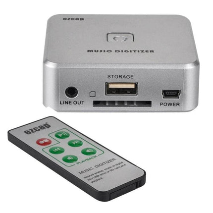 Analog Audio Converter by EZCap for Digitizing Old Music Recordings - silver music digitizer box with USB/SD slots and remote control