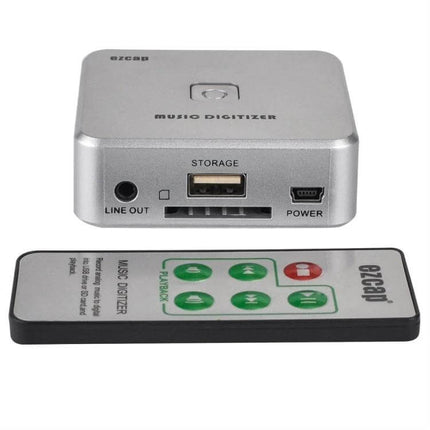 Analog Audio Converter by EZCap for Digitizing Old Music Recordings - silver music digitizer with USB port and remote