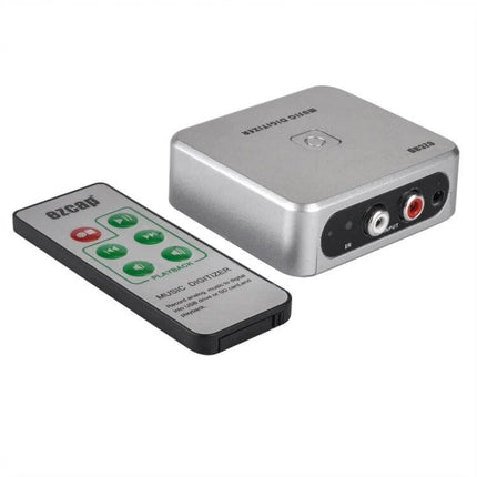 Analog Audio Converter by EZCap for Digitizing Old Music Recordings - silver unit with RCA inputs and remote for MP3 conversion