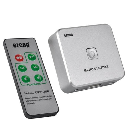 Analog Audio Converter by EZCap for Digitizing Old Music Recordings - silver EZCap music digitizer with remote and USB/SD slot