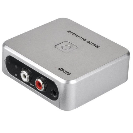 Analog Audio Converter by EZCap for Digitizing Old Music Recordings - silver standalone unit with RCA and 3.5mm inputs, USB/SD recording