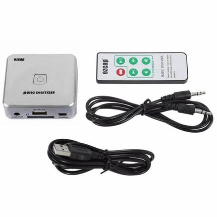 Analog Audio Converter by EZCap for Digitizing Old Music Recordings - compact audio digitizer with remote, USB cable, and 3.5mm audio cord
