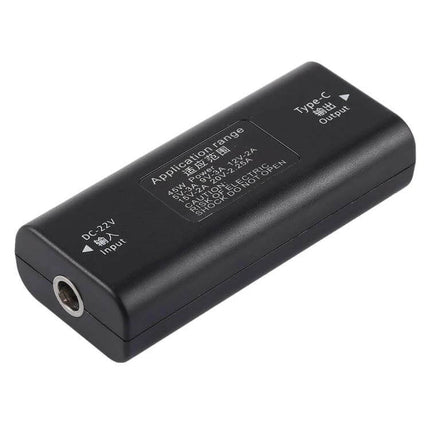 USB-C to DC Power Adapter with 30cm Cable for Charging Devices — compact black adapter showing DC input and Type-C output labels