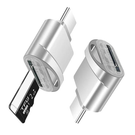 USB-C Adapter for Everyday SD Card Transfers — compact silver USB-C SD card reader for phones and tablets