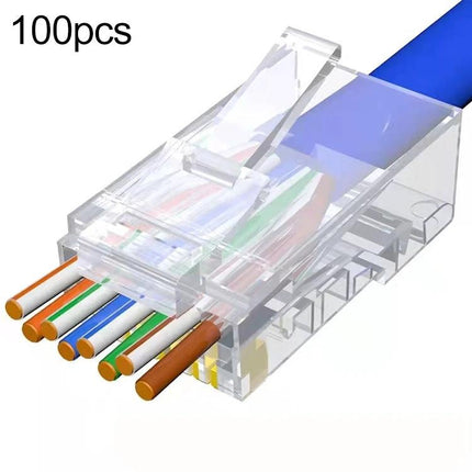 100-Piece Pack of Cat5e RJ45 Unshielded Pass Through Connectors - clear RJ45 plug with blue cable and exposed wire ends