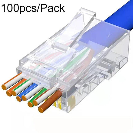 100-Pack Cat6e Unshielded Pass-Through RJ45 Connectors for Wiring with clear housing showing wires passed through for easy termination
