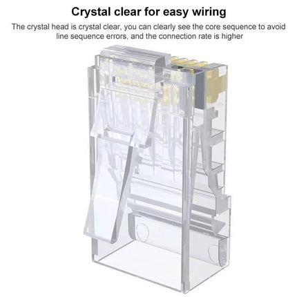 100-Pack Cat6e Unshielded Pass-Through RJ45 Connectors for Wiring showing clear crystal head for easy wire verification and reliable terminations