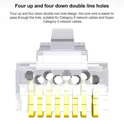100-Pack Cat6e Unshielded Pass-Through RJ45 Connectors for Wiring clear close-up showing eight gold contacts and pass-through wire holes