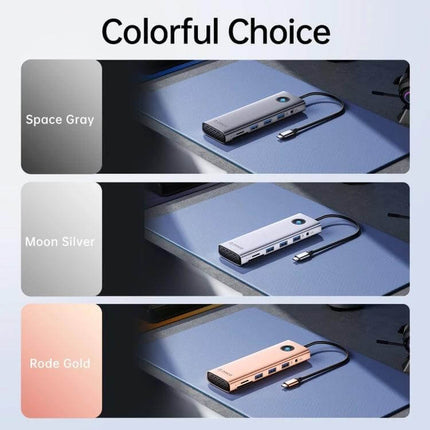 Orico 8-in-1 USB-C Docking Station for Versatile Connectivity showing Space Gray Moon Silver and Rose Gold color options with cable and ports