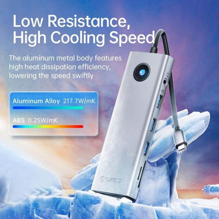 Orico 8-in-1 USB-C Docking Station for Versatile Connectivity silver aluminum hub with multiple ports and cooling fan, Ethernet and HDMI ready