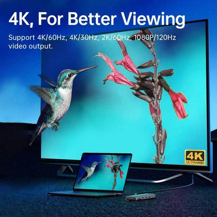 Orico 8-in-1 USB-C Docking Station for Versatile Connectivity showing laptop connected to 4K monitor with hummingbird image
