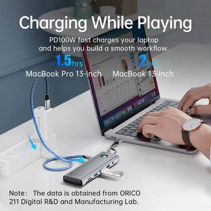 Orico 8-in-1 USB-C Docking Station for Versatile Connectivity shown connected to a laptop with charging cable, HDMI, Ethernet and USB devices attached