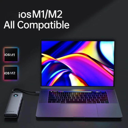 Orico 8-in-1 USB-C Docking Station for Versatile Connectivity connecting MacBook M1 M2 to monitor Ethernet and USB peripherals