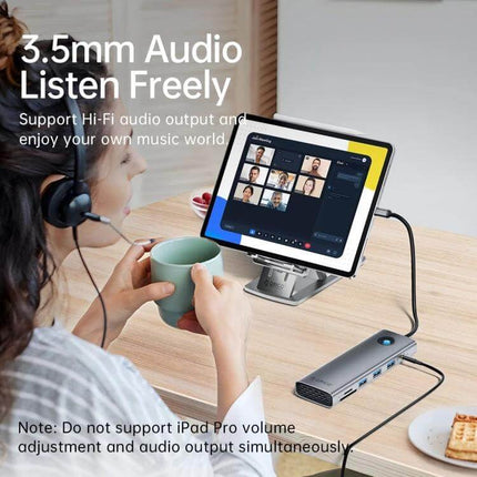 Orico 8-in-1 USB-C Docking Station for Versatile Connectivity showing tablet, headset, Ethernet and USB connections on a tidy desk
