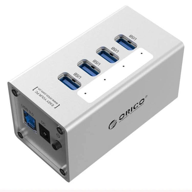 ORICO Aluminum 4-Port USB 3.0 Hub for Laptops with Power Supply compact silver hub showing four USB 3.0 ports and power input