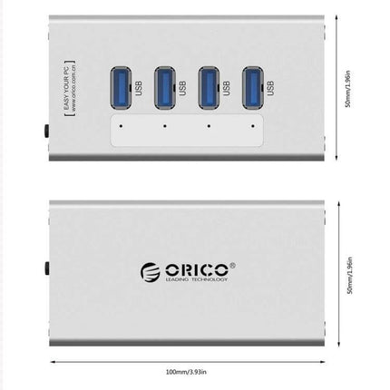 ORICO Aluminum 4-Port USB 3.0 Hub for Laptops with Power Supply silver aluminum hub showing four blue USB 3.0 ports and dimensions
