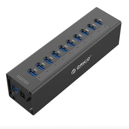 ORICO Aluminum 10-Port USB 3.0 Hub for Laptop Connections showing aluminum 10-port hub with blue USB 3.0 ports and power input