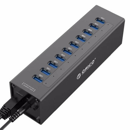 ORICO Aluminum 10-Port USB 3.0 Hub for Laptop Connections - gray aluminum hub with ten blue USB 3.0 ports and cables attached