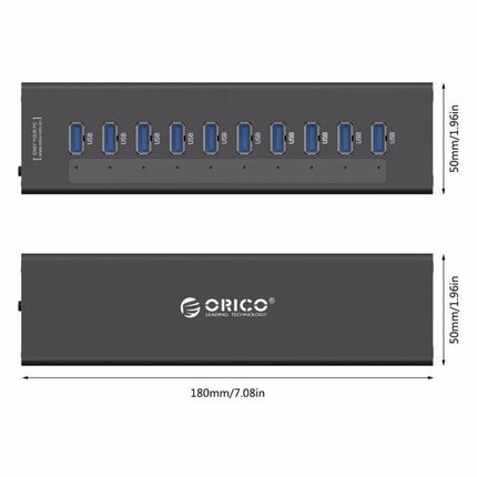 ORICO Aluminum 10-Port USB 3.0 Hub for Laptop Connections slim aluminum hub with ten blue USB 3.0 ports and dimensions shown