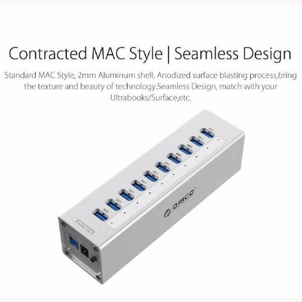ORICO Aluminum 10-Port USB 3.0 Hub for Laptop Connections - silver aluminum 10-port USB 3.0 hub shown with ten blue ports for laptops and peripherals