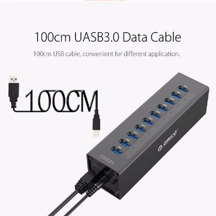 ORICO Aluminum 10-Port USB 3.0 Hub for Laptop Connections - aluminum 10-port USB3.0 hub with 100cm cable connecting multiple peripherals