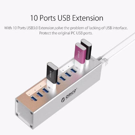 ORICO Aluminum 10-Port USB 3.0 Hub for Laptop Connections showing aluminum 10-port USB hub with three flash drives plugged in, USB 3.0 ports visible