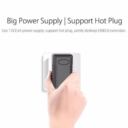 ORICO Aluminum 10-Port USB 3.0 Hub for Laptop Connections showing hand plugging 12V2.5A power supply, aluminum hub supports hot plug and multiple USB devices