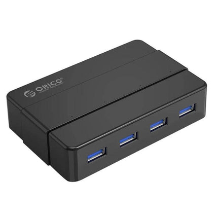 ORICO 4-Port USB 3.0 Hub for Smartphones and Tablets - compact black hub with four blue USB 3.0 ports for connecting drives, keyboards, and chargers